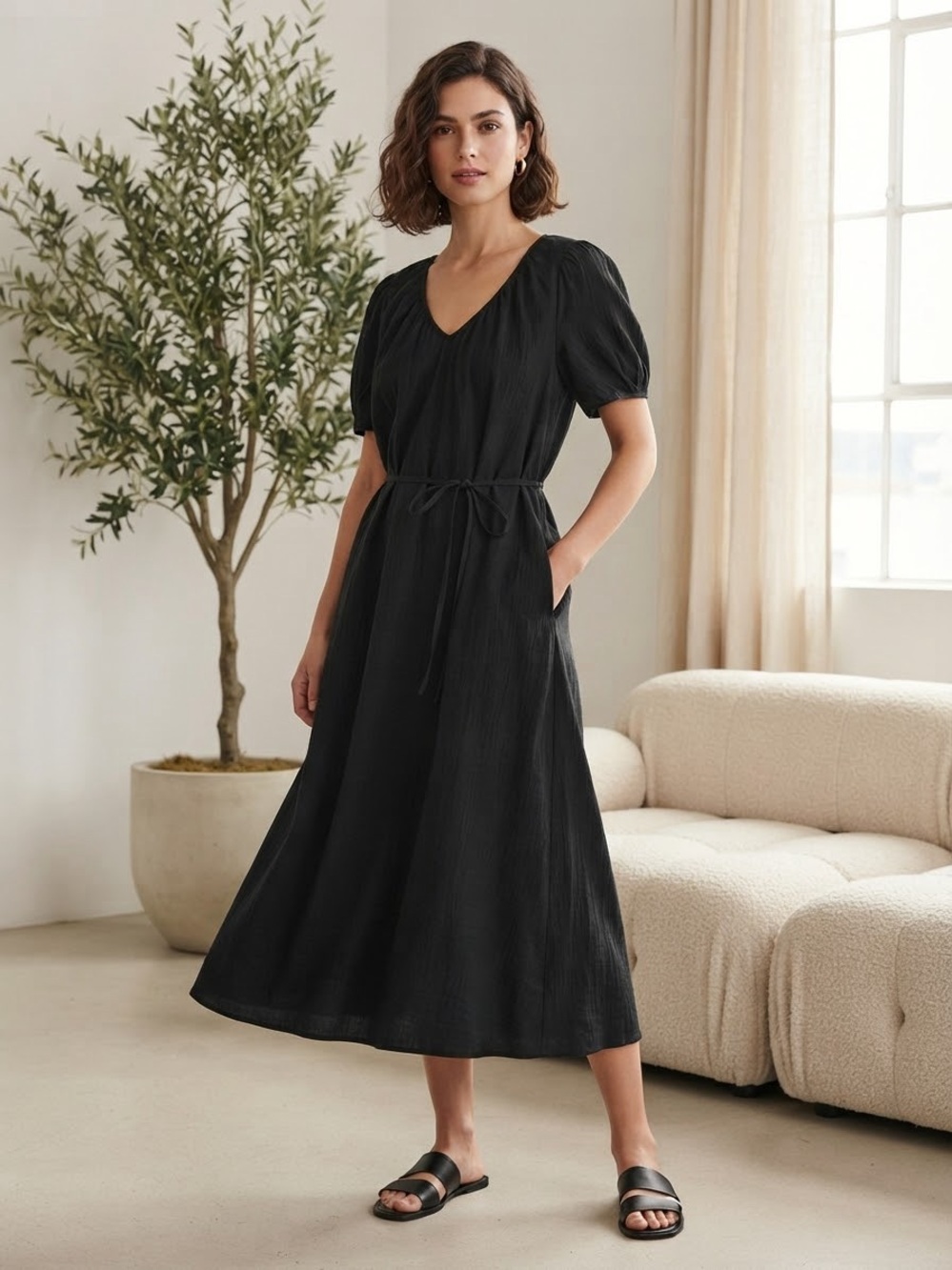 Black V-Neck Puff Sleeve Midi Dress with Tie Waist Flowy Chic NWOT